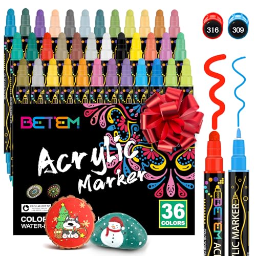 Betem 36 Colors Dual Tip Acrylic Paint Pens Markers, Premium Acrylic Paint Markers Stocking Stuffers for Rock, Wood, Fabric, Glass, Canvas, Ceramic, Christmas Gifts for Teens DIY Crafts Art Supplies - Image 1