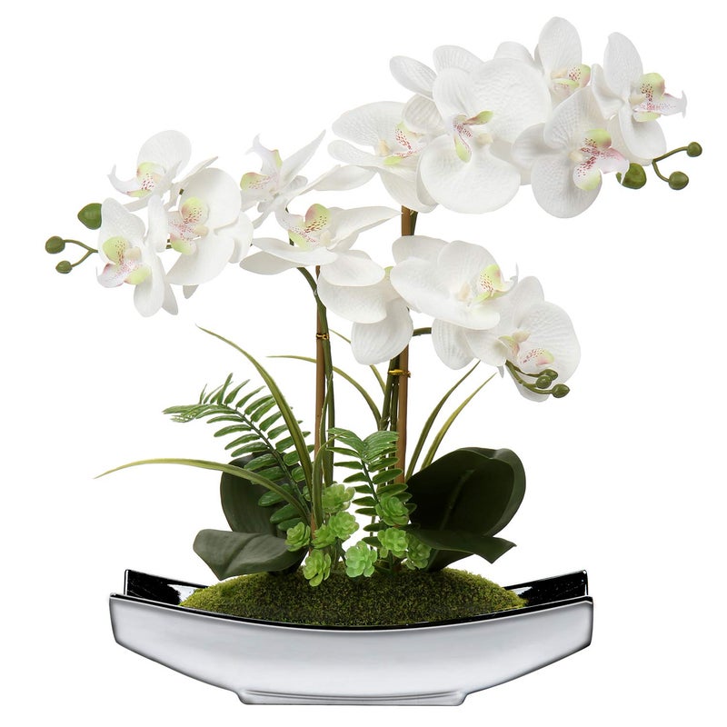 Briful 15 Artificial Phalaenopsis Flowers Arrangement Artificial Orchid Bonsai in Silver Pot Fake Flowers Silk Orchid Flower for Table Centerpieces Living Room Home Dcor