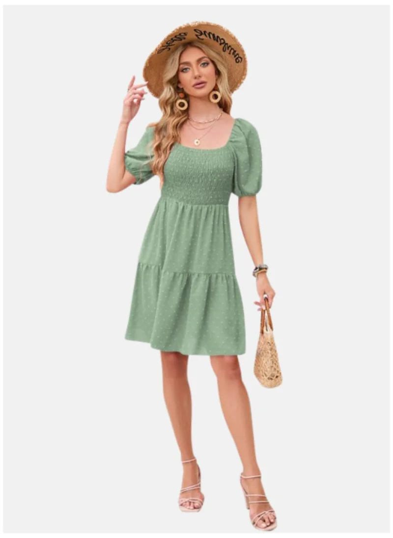 يونيكي Green Self Design Square Neck Puff Sleeve Smocked Fit & Flare Dress