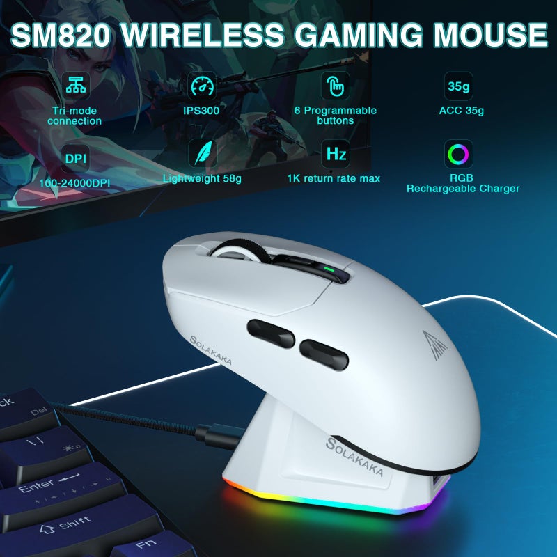 SOLAKAKA SM820 Wireless Gaming Mouse with RGB Charging Dock,24000 DPI Tri-Modes Wireless Mouse with 2 Side Buttons,Programmable Macro Mouse for Gaming(White) - Image 2