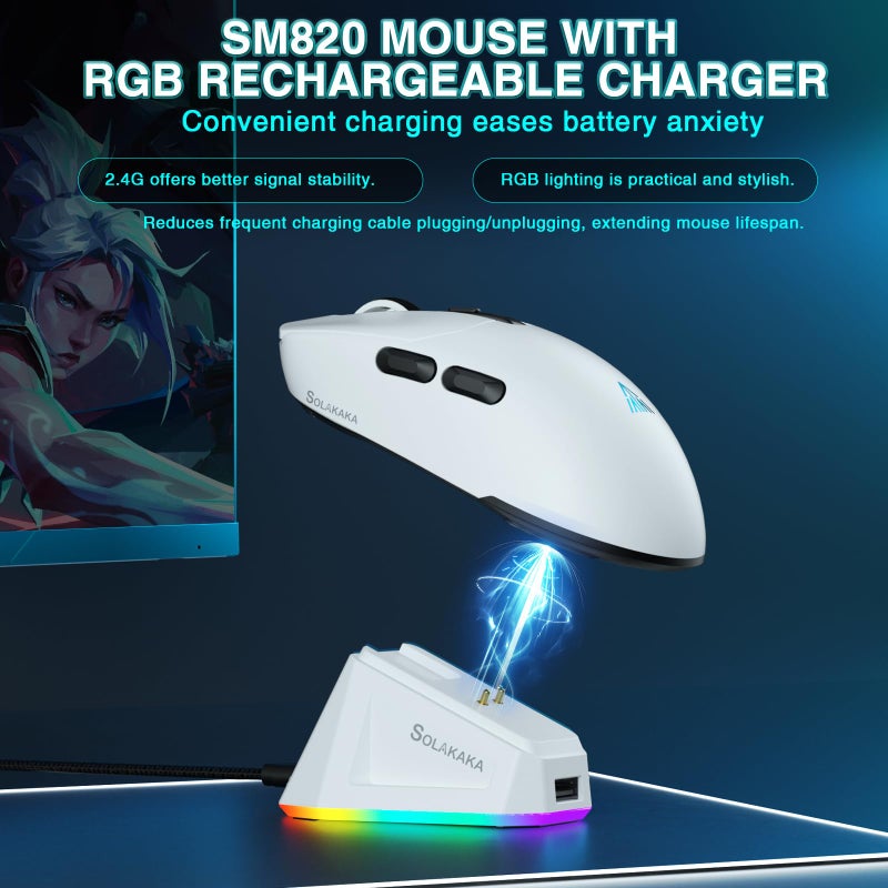 SOLAKAKA SM820 Wireless Gaming Mouse with RGB Charging Dock,24000 DPI Tri-Modes Wireless Mouse with 2 Side Buttons,Programmable Macro Mouse for Gaming(White) - Image 3