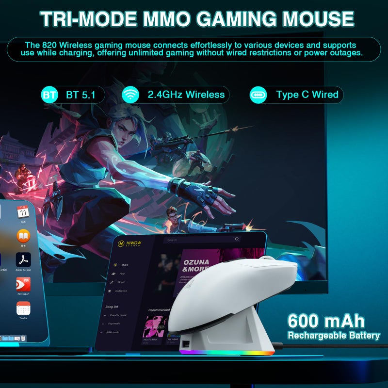 SOLAKAKA SM820 Wireless Gaming Mouse with RGB Charging Dock,24000 DPI Tri-Modes Wireless Mouse with 2 Side Buttons,Programmable Macro Mouse for Gaming(White) - Image 4