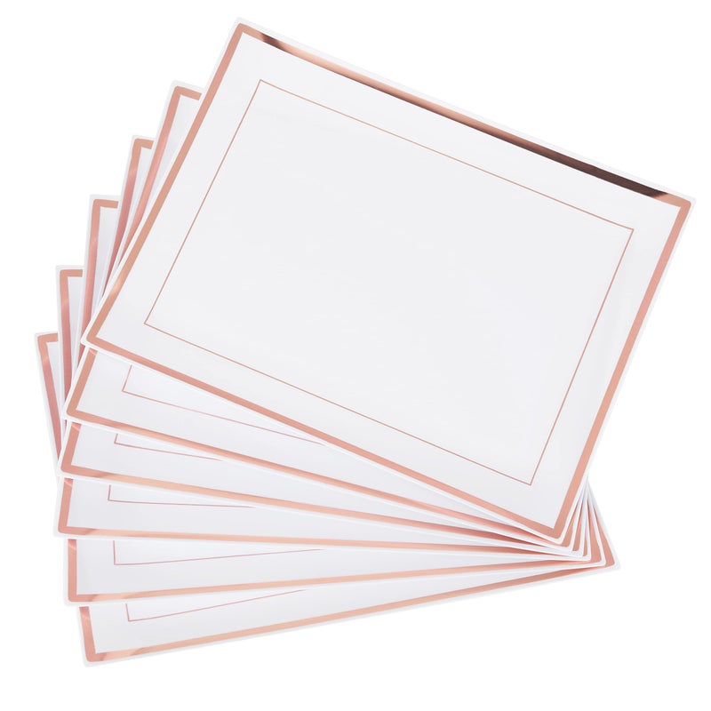 MATANA 6 White Plastic Serving Platters with Rose Gold Border Food Party Trays  30x23cm  Buffets Weddings Birthdays Parties  Elegant Sturdy  Reusable