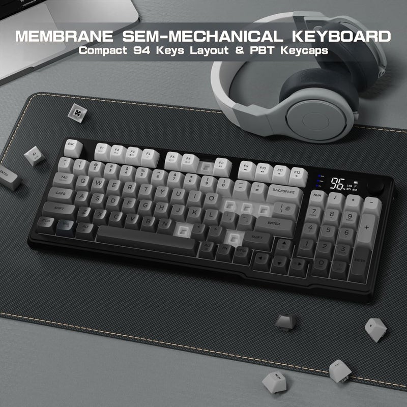 LexonElec M96 Dual Mode Wireless Gaming Keyboard with 2.4G and BT5.0, 94 Keys Membrane Semi-mechanical Gradient PBT Keycap with Smart Display and Button, Rainbow Backlit, 3000mAh for Mac/Win - Moonnight - Image 5