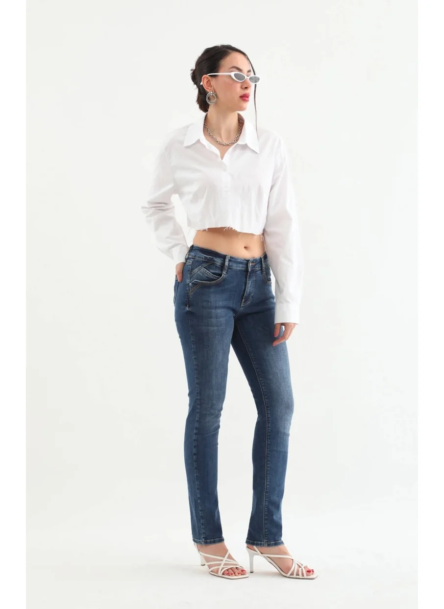 باني جينز Women Mid Waist Lycra Slim Fit Jeans Blue