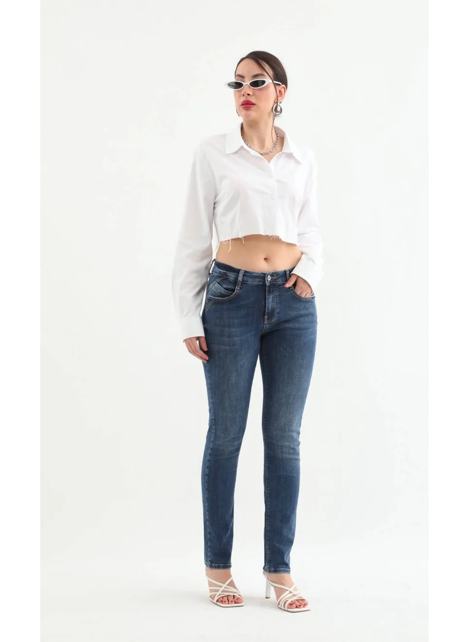 باني جينز Women Mid Waist Lycra Slim Fit Jeans Blue