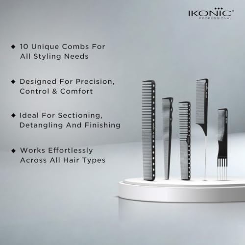 Ikonic Professional Hair Dressing Comb Set of 10 with Pouch for Detangling, Frizz Free Styling & Shine, Durable & Chemical Resistant, For All Hair Types, Personal Use, Salons, Beauty Parlours & Spas - Image 4