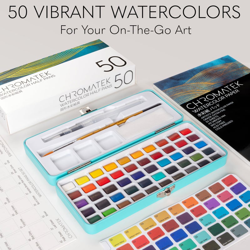 CHROMATEK Watercolor Paint Set, 50 Vivid Colors, Water Color Paper Pad, Brush, Aqua Pen, Palette, Color Chart, Swatch Sheets & Metal Travel Case, Premium All-In-One Art Travel Kit Art Supplies - Image 3