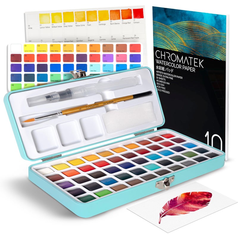 CHROMATEK Watercolor Paint Set, 50 Vivid Colors, Water Color Paper Pad, Brush, Aqua Pen, Palette, Color Chart, Swatch Sheets & Metal Travel Case, Premium All-In-One Art Travel Kit Art Supplies - Image 2