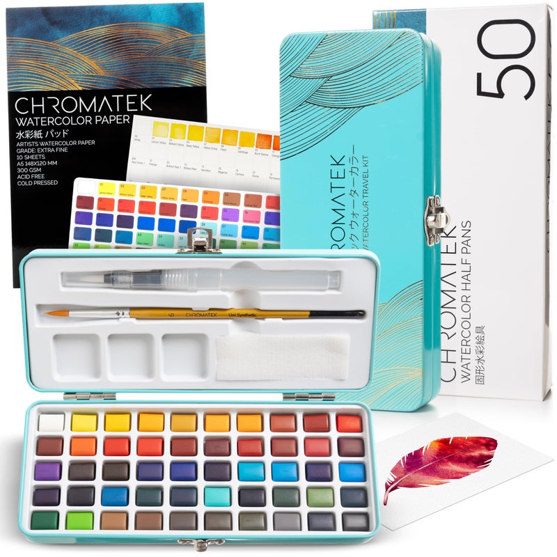 CHROMATEK Watercolor Paint Set, 50 Vivid Colors, Water Color Paper Pad, Brush, Aqua Pen, Palette, Color Chart, Swatch Sheets & Metal Travel Case, Premium All-In-One Art Travel Kit Art Supplies - Image 1