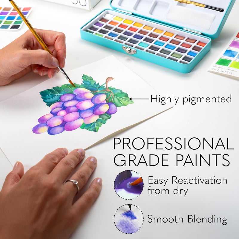 CHROMATEK Watercolor Paint Set, 50 Vivid Colors, Water Color Paper Pad, Brush, Aqua Pen, Palette, Color Chart, Swatch Sheets & Metal Travel Case, Premium All-In-One Art Travel Kit Art Supplies - Image 5