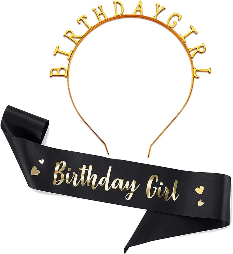 Propsicle Black Birthday Girl Sash & Golden Kids Crown For Girls Tiara Birthday Party Decoration Gift Headband & Sash Combo - Pack of 2 - Image 1