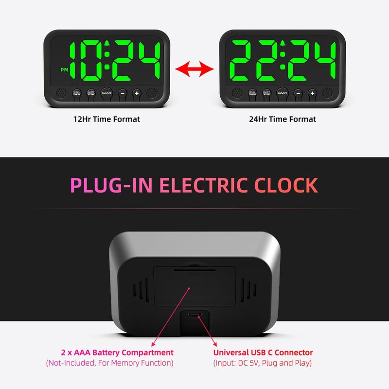 XUANZIT Small LED Digital Clock for Bedroom, Loud Alarm Clock for Heavy Sleepers Adults, Teens | Plug-In Electric Desk Clock | Simple Bedside Nightstand Clock with Adjustable Volume/Brightness/Snooze â€“ Green - Image 4