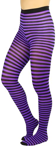 ToBeInStyle Womens Colorful Opaque Striped Tights Pantyhose Stocking Hosiery - Black/Purple - One Size - Image 1