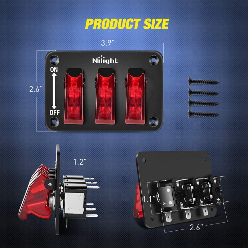 Nilight Nilight 3 Gang Toggle Switch 12V Rocker Switch Panel with LED Light and Flip Cover Heavy-Duty ON/Off Switch Plate 3 Pin SPST Rocker Switch，2 Years Warranty  - Image 2