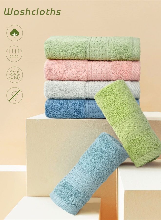 Pure Cotton Wash Cloths Face Cloths, 6 Colors per Set, 13 x 13 Inches (Light Blue, Jade Green, Light Green, Grey, Light Grey, Pink)