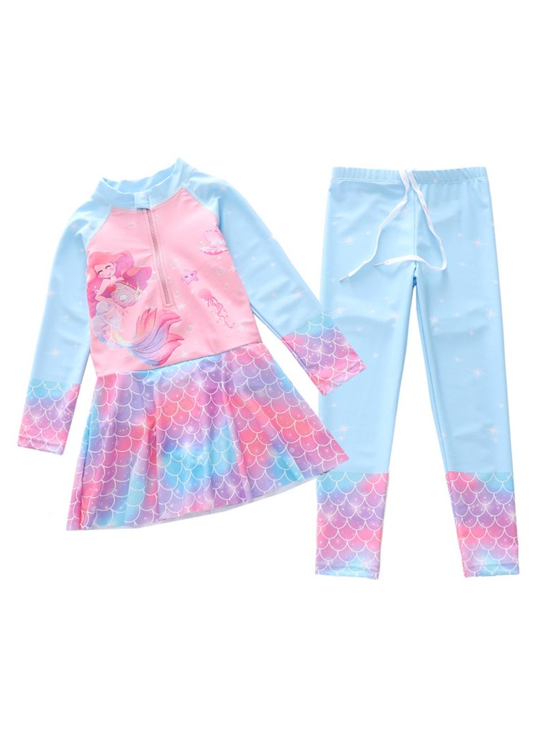 2pcs swimsuit girls one piece swimsuit plus long pants long sleeve sun protection swimsuit set - Image 1
