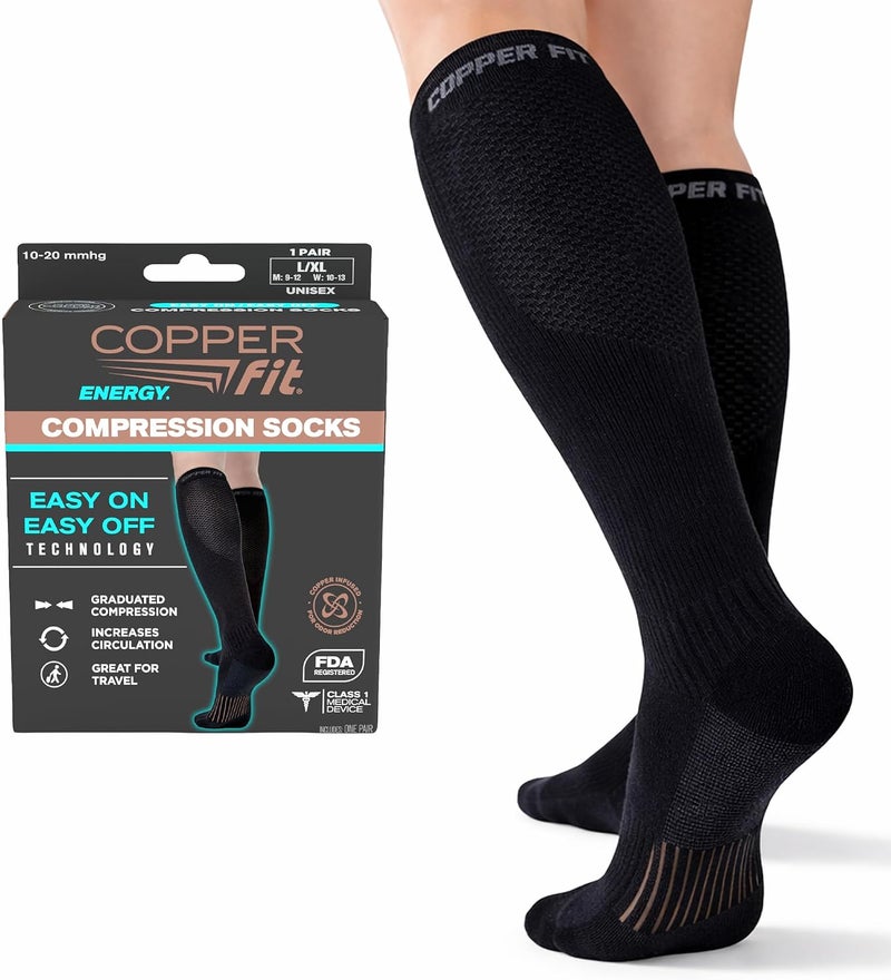 Copper Fit Energy Unisex Easy-On/Easy-Off Knee High Compression Socks - Black - Image 1