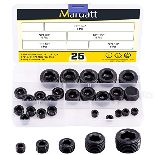 Mardatt 25Pcs NPT Plug Set Pipe Plug Assortment Kit 1/8" 1/4" 3/8" 1/2" 3/4" Carbon Steel Male Thread Internal Allen Head Pipe Plugs Set - Image 1