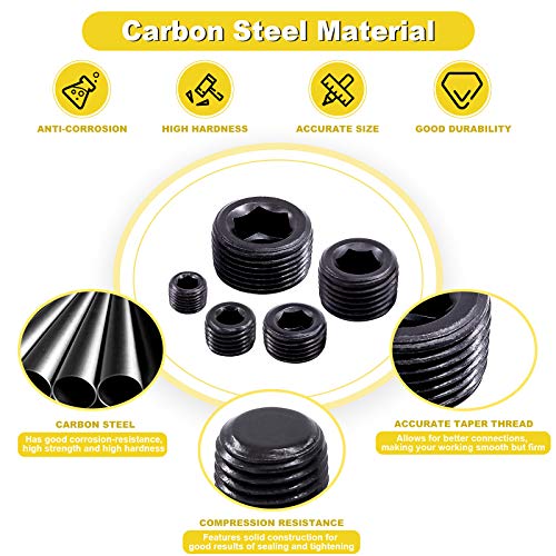 Mardatt 25Pcs NPT Plug Set Pipe Plug Assortment Kit 1/8" 1/4" 3/8" 1/2" 3/4" Carbon Steel Male Thread Internal Allen Head Pipe Plugs Set - Image 3