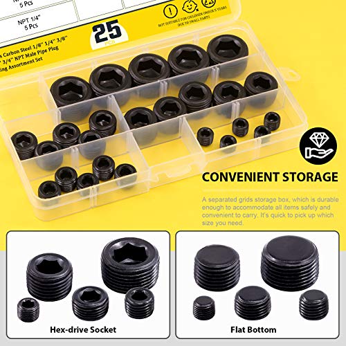Mardatt 25Pcs NPT Plug Set Pipe Plug Assortment Kit 1/8" 1/4" 3/8" 1/2" 3/4" Carbon Steel Male Thread Internal Allen Head Pipe Plugs Set - Image 4