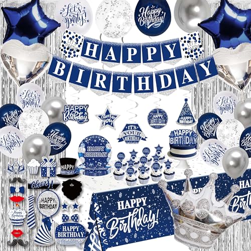jenlion Birthday Decorations Men Blue Total 89pcs blue party Banner Pennant Hanging Swirl Foil Backdrops balloons Tablecloths cupcake Topper plates Photo Props birthday Sash for women boy - Image 1
