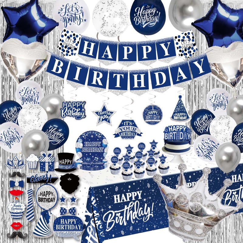 jenlion Birthday Decorations Men Blue Total 89pcs blue party Banner Pennant Hanging Swirl Foil Backdrops balloons Tablecloths cupcake Topper plates Photo Props birthday Sash for women boy - Image 2