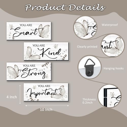 DONFENTHY 4 Pcs Butterfly Wall Decor Black Room Decor Wooden Positive Butterfly Decor with Inspirational Word Black White Grey for Women Room Bathroom Bedroom Office(Black,10x4 In) - Image 4