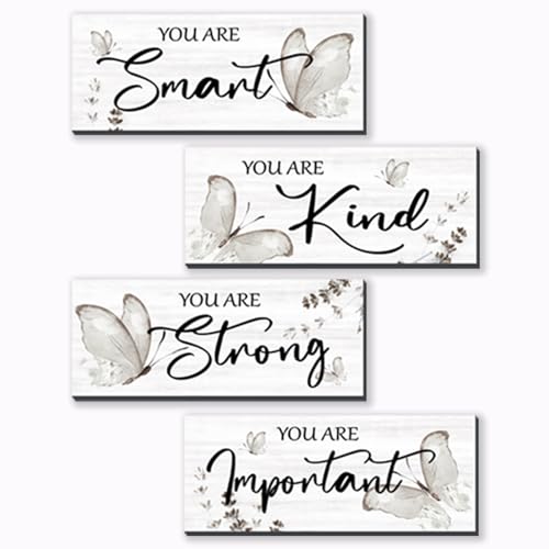 DONFENTHY 4 Pcs Butterfly Wall Decor Black Room Decor Wooden Positive Butterfly Decor with Inspirational Word Black White Grey for Women Room Bathroom Bedroom Office(Black,10x4 In) - Image 1