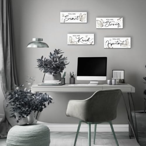 DONFENTHY 4 Pcs Butterfly Wall Decor Black Room Decor Wooden Positive Butterfly Decor with Inspirational Word Black White Grey for Women Room Bathroom Bedroom Office(Black,10x4 In) - Image 2