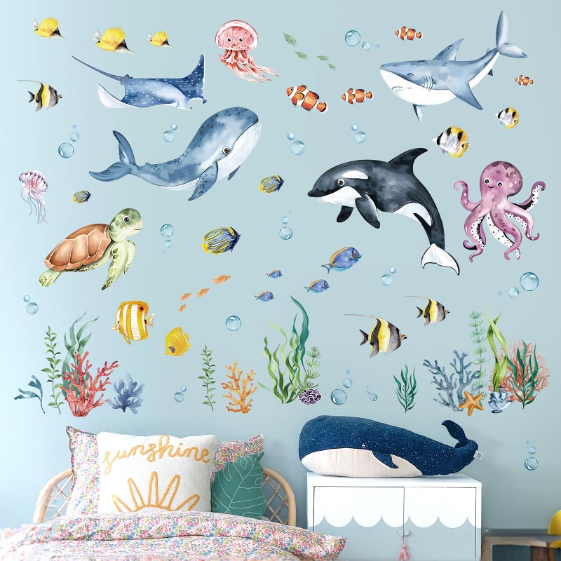 decalmile Under The Sea Watercolor Fish Wall Decals Ocean Dolphin Sea Turtle Seaweed Wall Stickers Living Room Bedroom Bathroom Wall Decor - Image 2