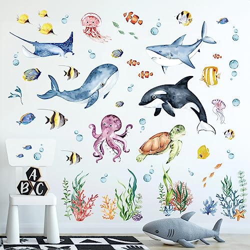 decalmile Under The Sea Watercolor Fish Wall Decals Ocean Dolphin Sea Turtle Seaweed Wall Stickers Living Room Bedroom Bathroom Wall Decor - Image 3