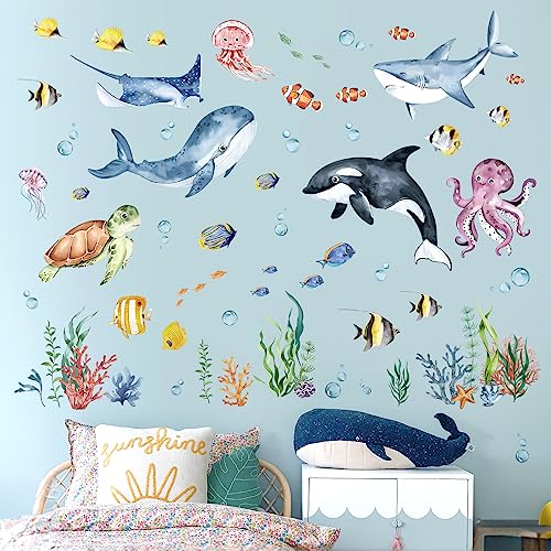 decalmile Under The Sea Watercolor Fish Wall Decals Ocean Dolphin Sea Turtle Seaweed Wall Stickers Living Room Bedroom Bathroom Wall Decor - Image 1
