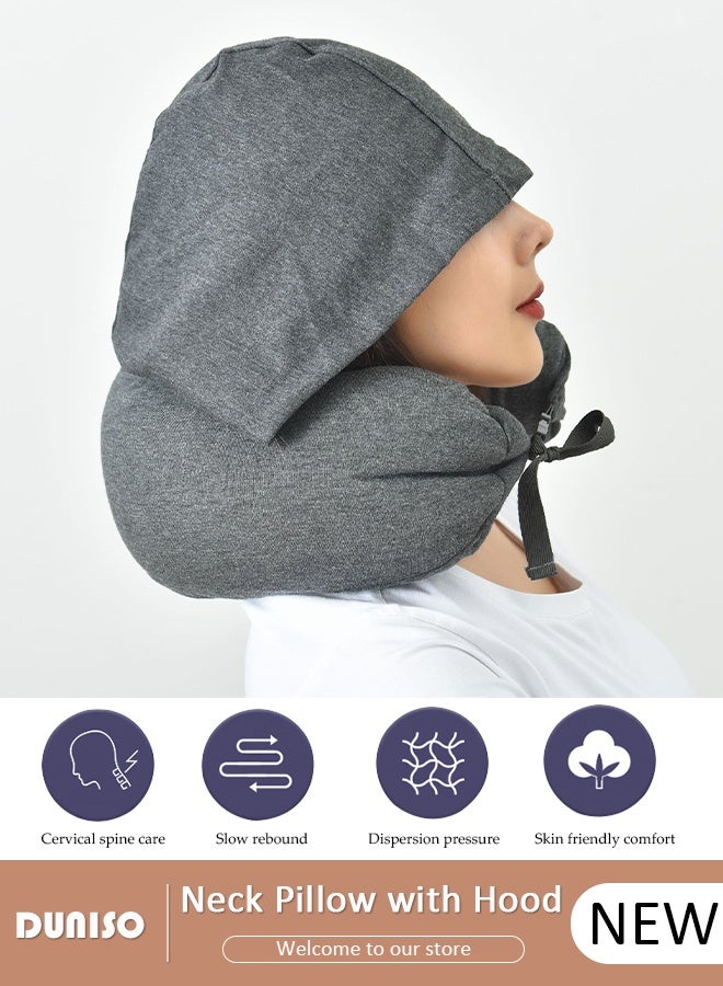 DUNISO U-Shaped Pillow with Cap Travel Portable Hooded, Foam Travel Pillow with Hood, Neck Pillow, Multifunctional Neck Cushion, Portable Pillow for Office Cars Trains Long Flights Sleeping  - Image 1