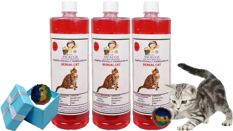 swacch Bengal Cat Shampoo + Rubber Musical Ball I Chew Playing Rubber Ball I Interactive Cat Toy Balls I Training & Play I Combo Pack I 1 Litre Pack of 3 Jasmine - Image 1