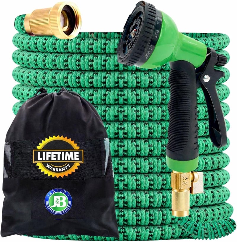J B XpandaHose 100ft Expandable Garden Hose – Ultra-Strong 3750D, 4-Layer Latex Core, Brass 3/4" Connectors, 10-Pattern Nozzle & Storage Bag – Lightweight, Kink-Reducing, Leak-Resistant - Image 1