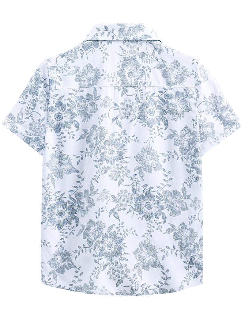 JOTOOK Boys Hawaiian Shirt Short Sleeve Button Down Shirt Casual Floral Tropical Beach Shirts 6-14 Years 14 WhiteBlue Flower - Image 4