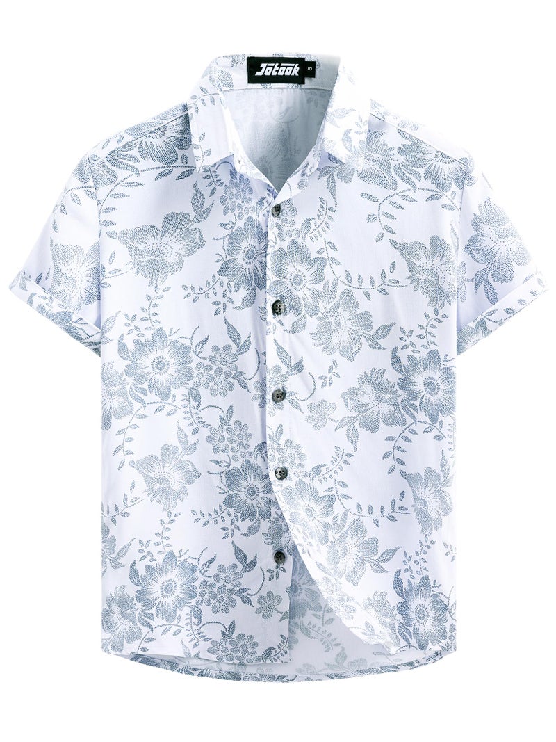 JOTOOK Boys Hawaiian Shirt Short Sleeve Button Down Shirt Casual Floral Tropical Beach Shirts 6-14 Years 14 WhiteBlue Flower - Image 1