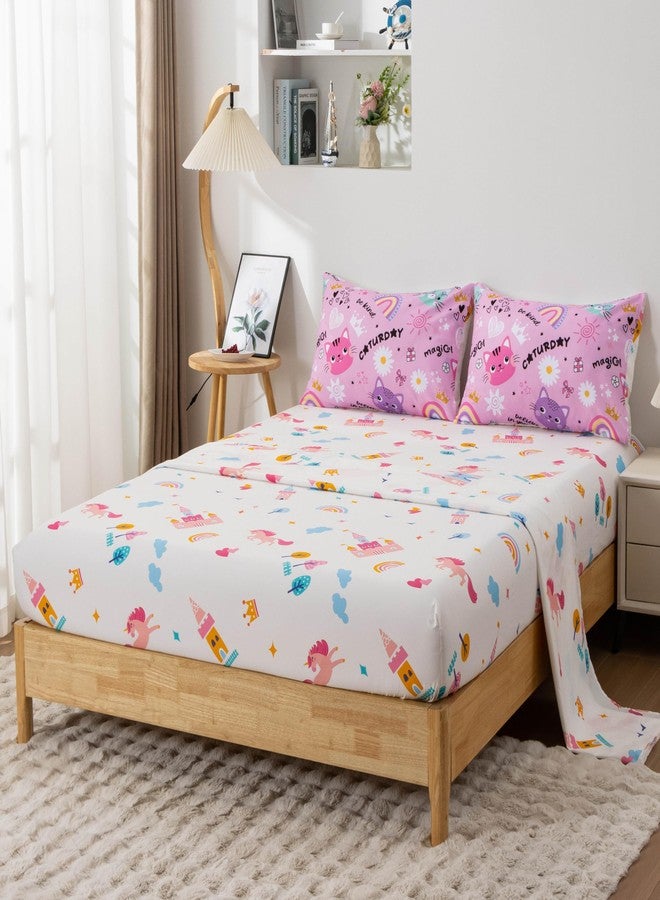 Btargot Full Pink Cartoon Cat Reversible Comforter Set for Boys Girls Kids, 5 Pieces Rainbow Flowers Sun Painting Bedding Set with Sheets - Image 3