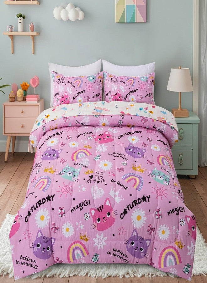 Btargot Full Pink Cartoon Cat Reversible Comforter Set for Boys Girls Kids, 5 Pieces Rainbow Flowers Sun Painting Bedding Set with Sheets - Image 1