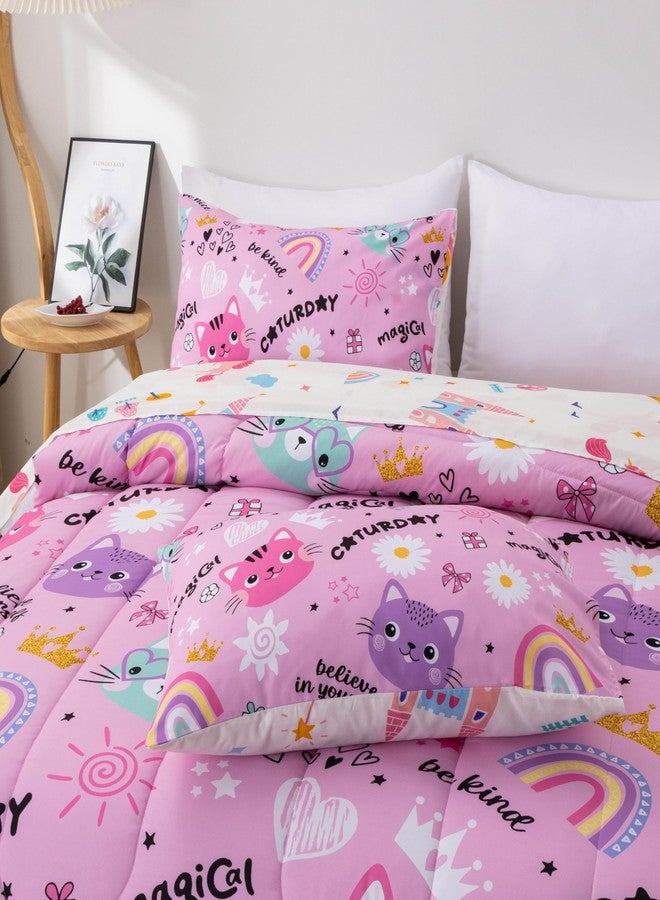 Btargot Full Pink Cartoon Cat Reversible Comforter Set for Boys Girls Kids, 5 Pieces Rainbow Flowers Sun Painting Bedding Set with Sheets - Image 5