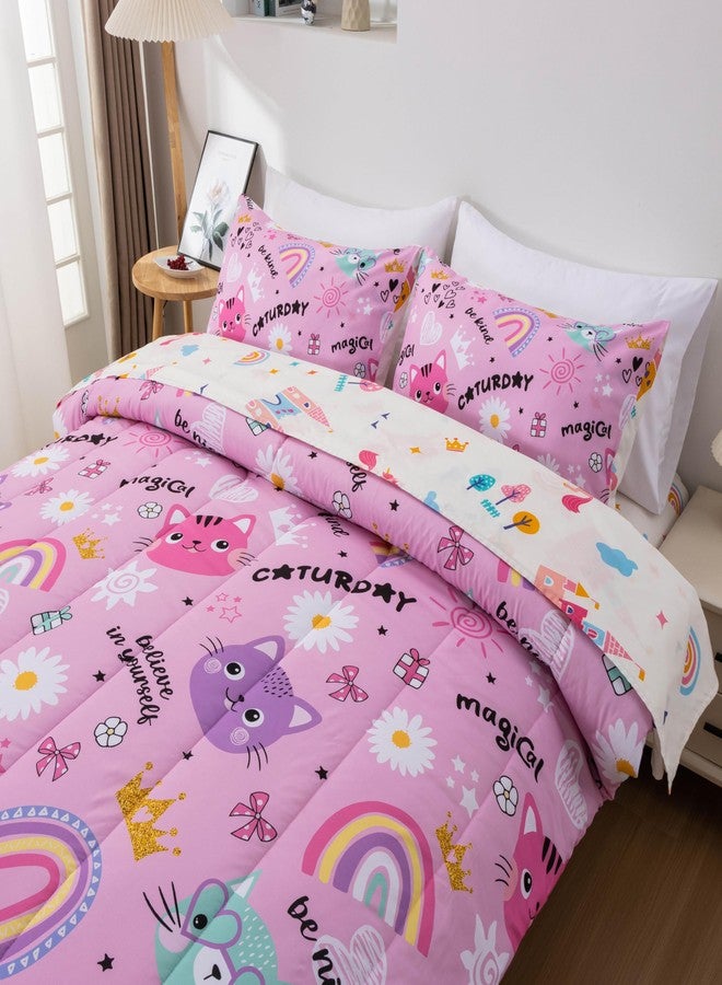 Btargot Full Pink Cartoon Cat Reversible Comforter Set for Boys Girls Kids, 5 Pieces Rainbow Flowers Sun Painting Bedding Set with Sheets - Image 4