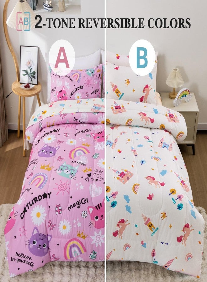 Btargot Full Pink Cartoon Cat Reversible Comforter Set for Boys Girls Kids, 5 Pieces Rainbow Flowers Sun Painting Bedding Set with Sheets - Image 2