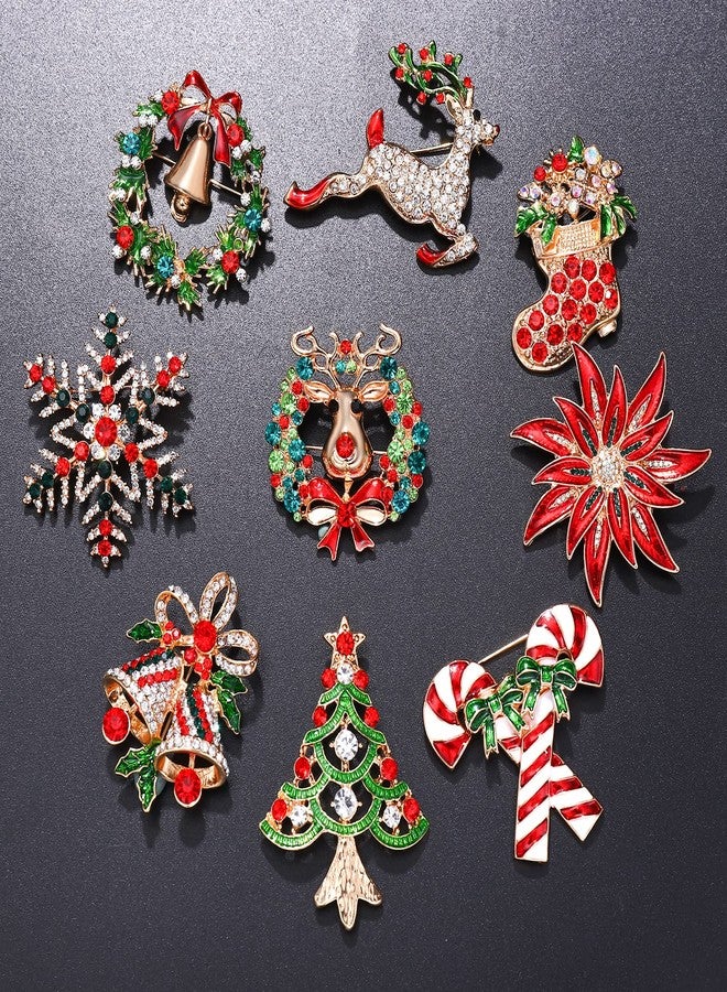 BVGA 9 Pieces Christmas Brooch Pins for Women Rhinestone Winter Snowflake Christmas Tree Garland Reindeer Boots Brooch Enamel Candy Cane Bell Bow Knot Pins Set Vintage poinsettia brooch - Image 5