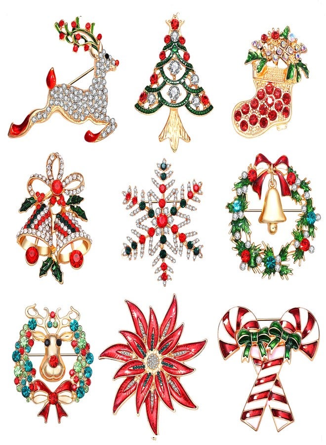 BVGA 9 Pieces Christmas Brooch Pins for Women Rhinestone Winter Snowflake Christmas Tree Garland Reindeer Boots Brooch Enamel Candy Cane Bell Bow Knot Pins Set Vintage poinsettia brooch - Image 1