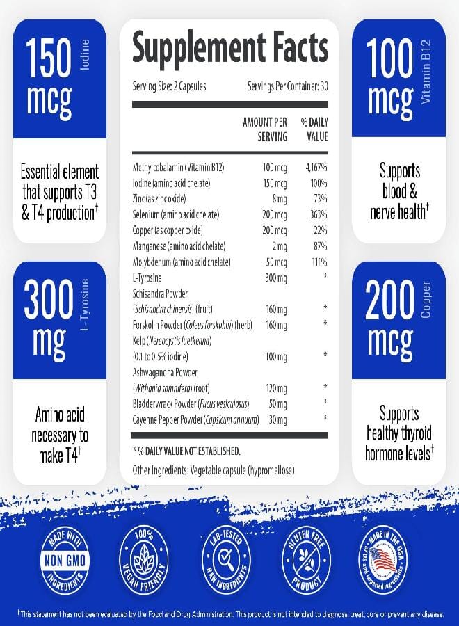 1 Body مكمل دعم الغدة الدرقية 1 مع اليود و B12 والزنك والسيلينيوم والأشواغاندا، غير معدّل وراثيًا، نباتي، إمداد لمدة 30 يومًا - Image 2