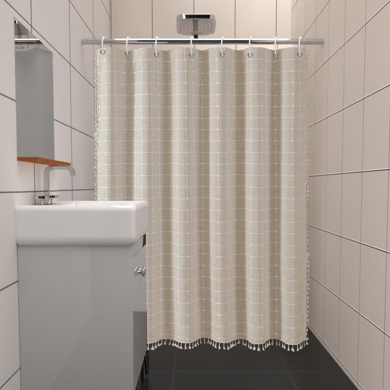 ggaimwf Boho Beige مخطط دش الستار مزرعة البوليستر - الكتان الستائر دش محايدة للحمام البلد الستار الثقيل الحمام مجموعة مع شرابة - القماش البوهيمي ستارة دش 72 × 72 بوصة - Image 2