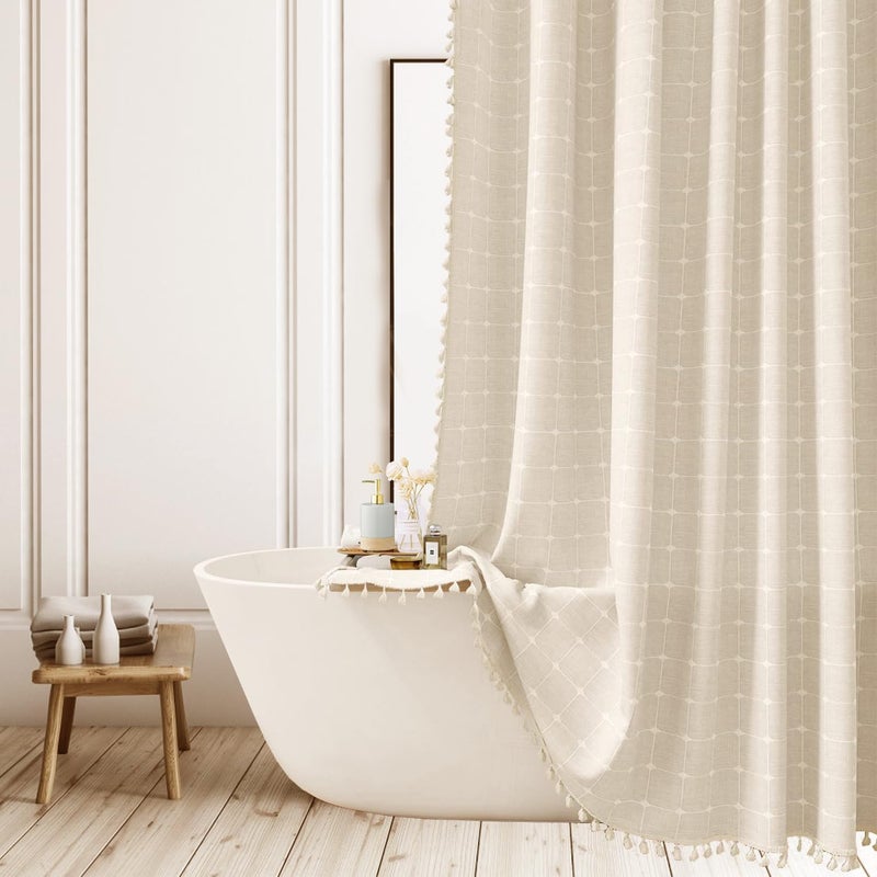 ggaimwf Boho Beige مخطط دش الستار مزرعة البوليستر - الكتان الستائر دش محايدة للحمام البلد الستار الثقيل الحمام مجموعة مع شرابة - القماش البوهيمي ستارة دش 72 × 72 بوصة - Image 1
