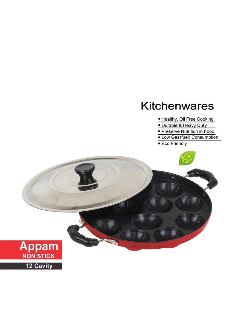 KD ZONE KD ZONE 12 Cavities Non Stick Aluminum Appam Patra with Lid and Side Handle Red  - Image 3