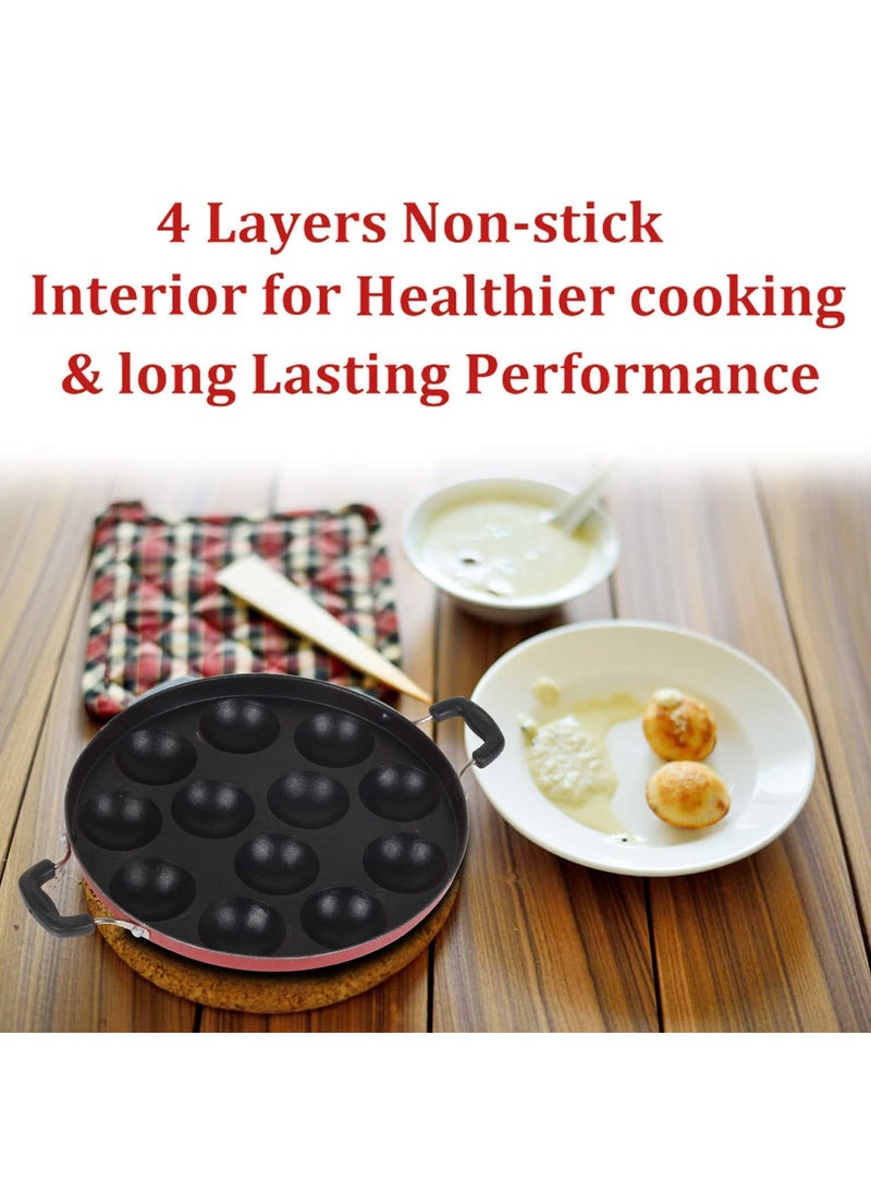 KD ZONE KD ZONE 12 Cavities Non Stick Aluminum Appam Patra with Lid and Side Handle Red  - Image 4
